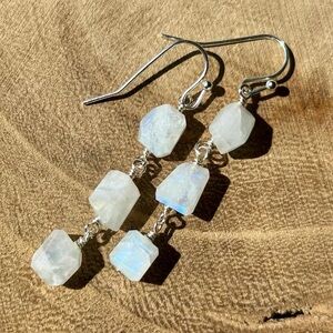 Sterling silver rainbow moonstone handmade gemstone drop earring June birthstone